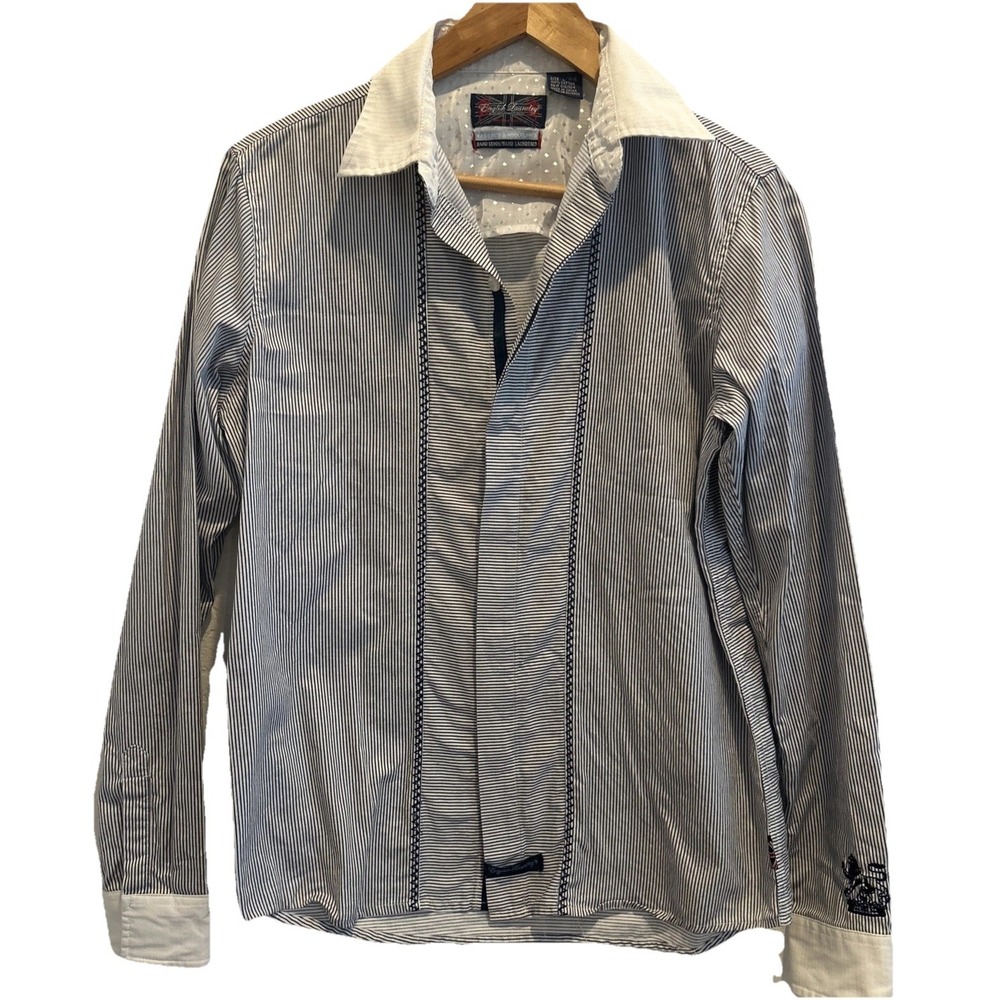 ENGLISH LAUNDRY Embroidered Button Up Long Sleeve Shirt 14 Blue White Stripe
